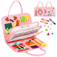 Quiet Flower 8-in-1 Busy Board front view, child-safe design for travel and independent play