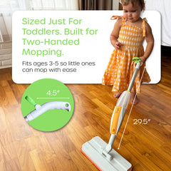 Quiggly toddler spray mop kid-sized handle promotes easy grip and safety