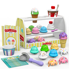 Quimsity ice cream counter play setup with toppings promoting imaginative play and social skills