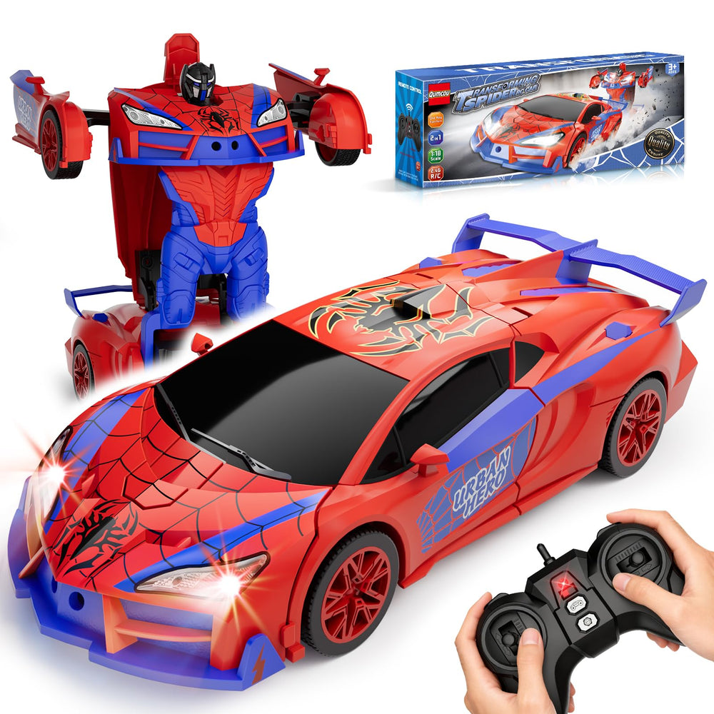 Qumcou Spider RC car with red and blue lights, seen head-on.