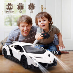 QUN FENG Lamborghini Veneno RC car side view shows compact 1:24 scale for indoor fun