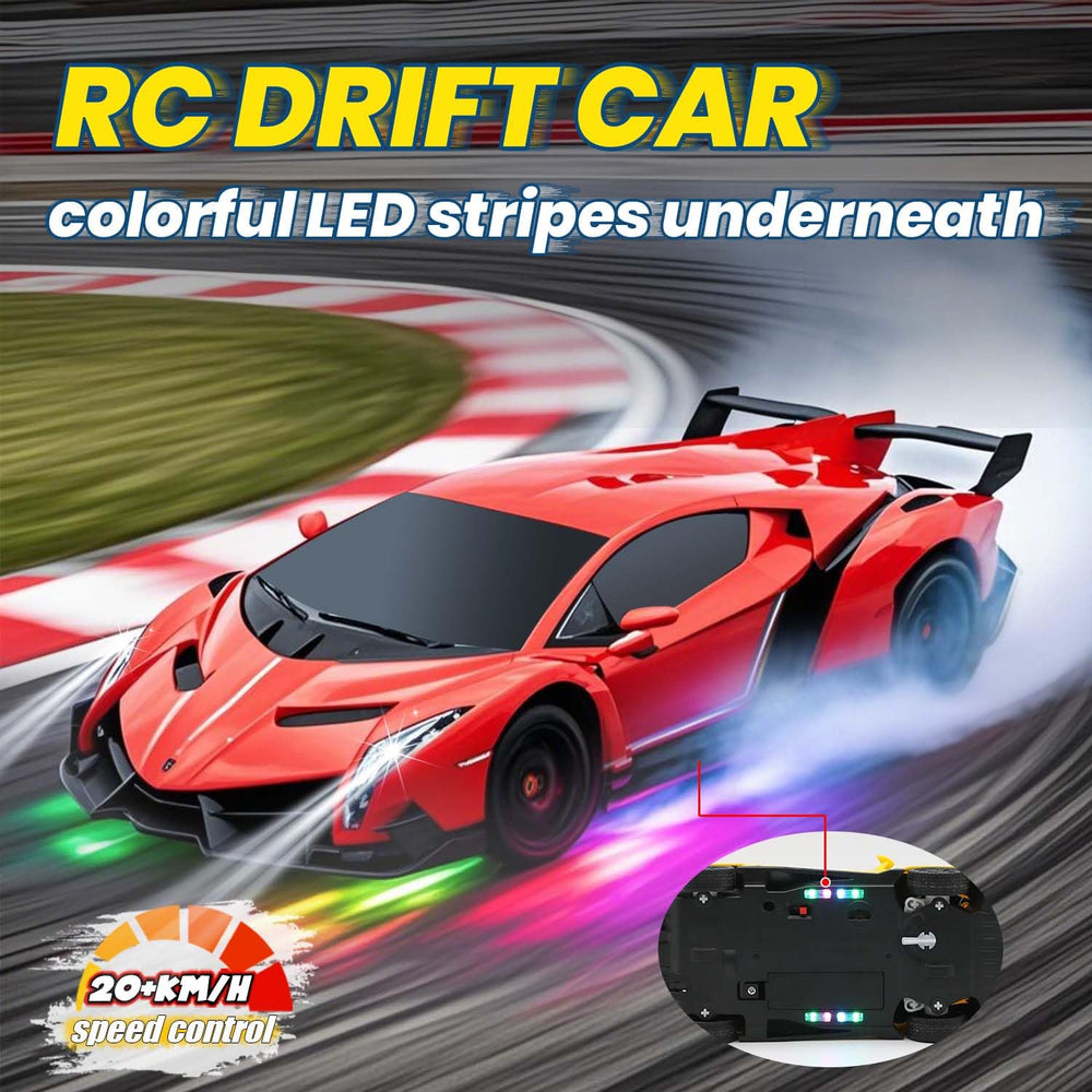 QUN XING Veneno RC car with LED lights during movement for enhanced realism.