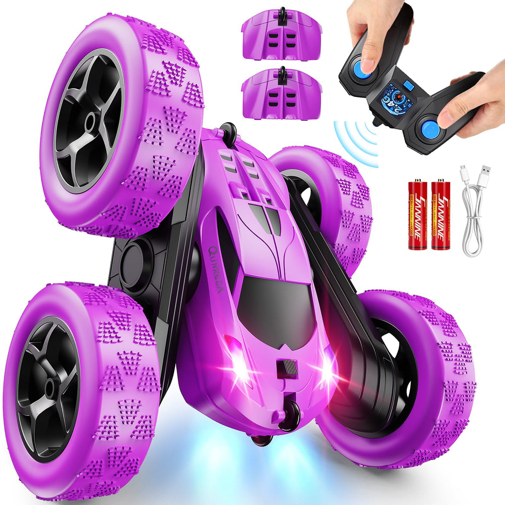 QUNREDA RC car front view with bright headlights for clearer play.