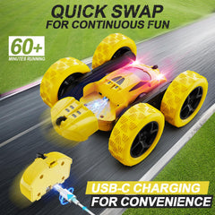 QUNREDA RC stunt car battery modules shown for easy swapping and longer play sessions.
