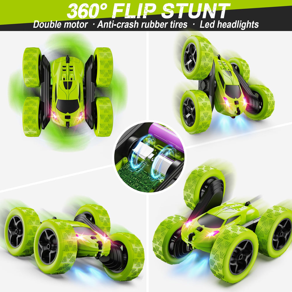 QUNREDA RC stunt car detachable battery module design enhances charging safety.