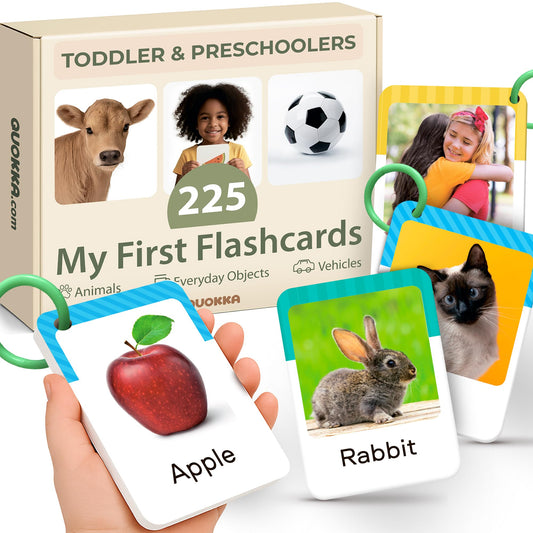 QUOKKA 225 toddler flash cards with rings organized for learning on the go.