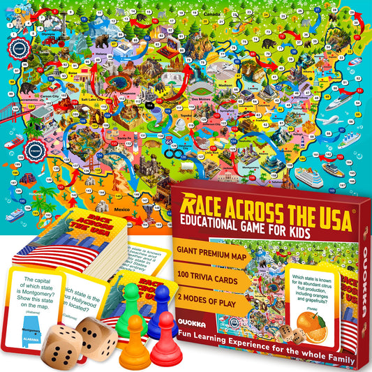 QUOKKA board game USA map scene highlighting geography learning.