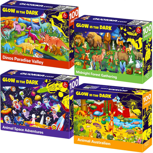 QUOKKA glow space 100-piece puzzle engages kids 6-8 with a luminous space scene.