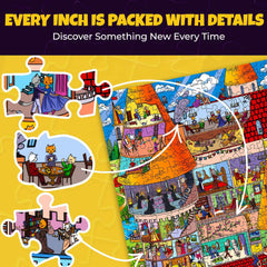 Colorful medieval cat scenes invite relaxed, brain-stimulating play.