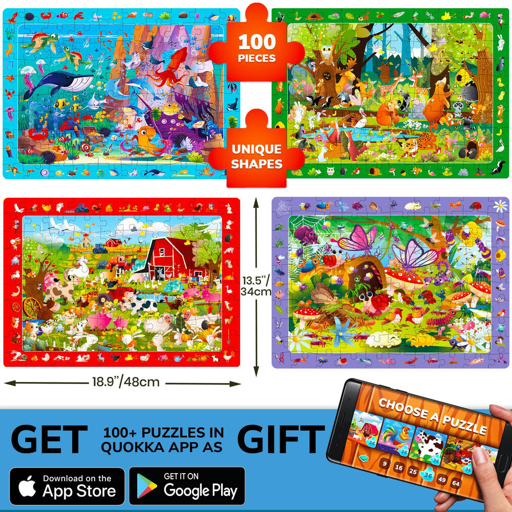 QUOKKA 100-piece puzzles search items farm – hidden items encourage careful observation and recall.