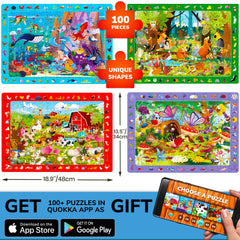 QUOKKA 100-piece puzzles search items farm – hidden items encourage careful observation and recall.