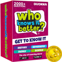 QUOKKA Who Knows Better? 4-in-1 set cover for versatile family trivia sessions.