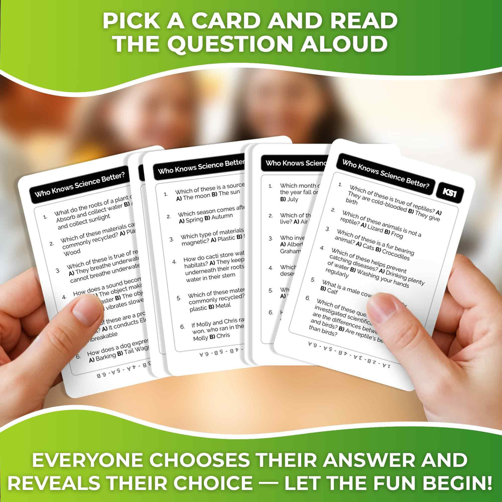 QUOKKA Who Knows Better card deck for quick science quizzes at home.