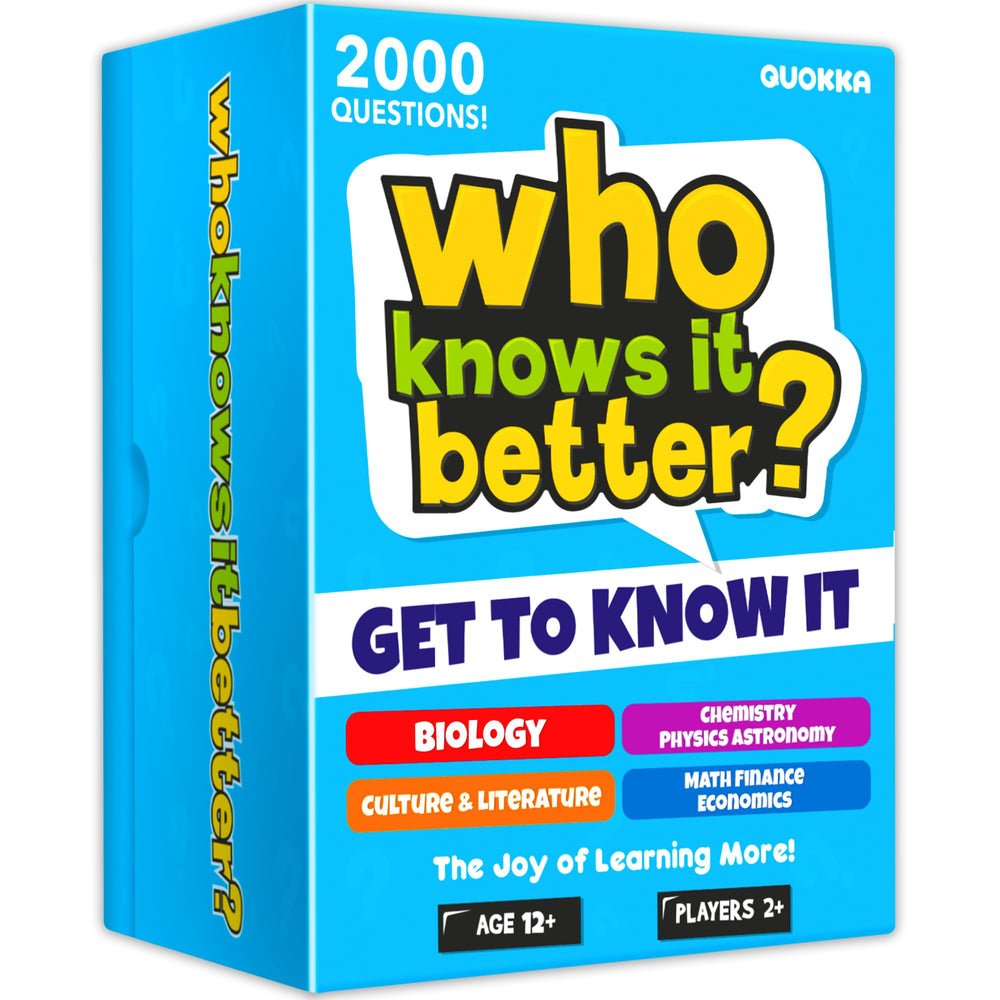 QUOKKA Who Knows It Better front card pack — colorful cards spark family trivia fun.