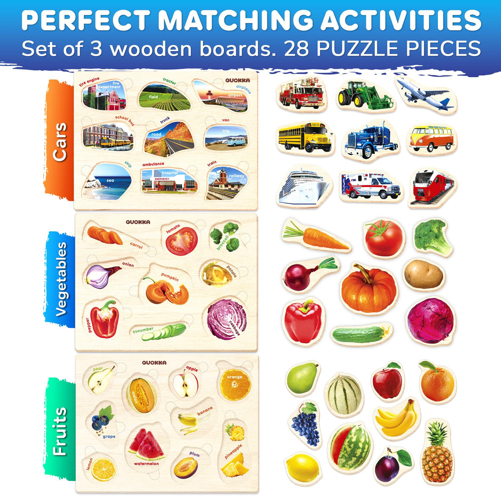 QUOKKA wooden cars puzzle set with vivid vehicle imagery to support matching skills.