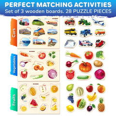 QUOKKA wooden cars puzzle set with vivid vehicle imagery to support matching skills.