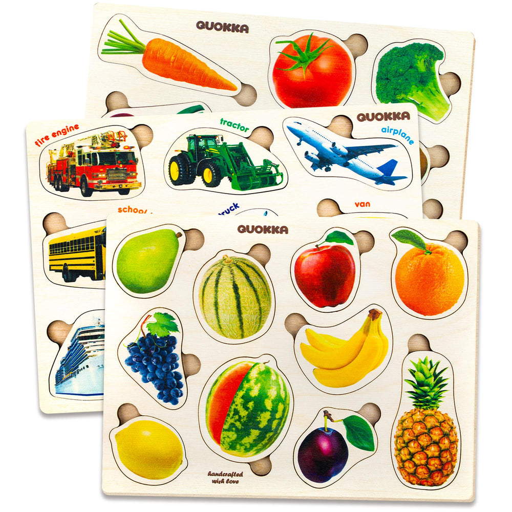 QUOKKA wooden fruit puzzle set with bright shapes for early learning and hand-eye coordination.