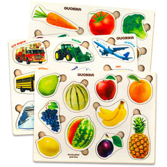 QUOKKA wooden fruit puzzle set with bright shapes for early learning and hand-eye coordination.