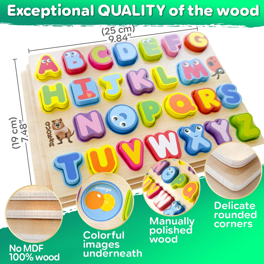 Close-up of QUOKKA wooden puzzle pieces emphasizing durable finish and safe edges.