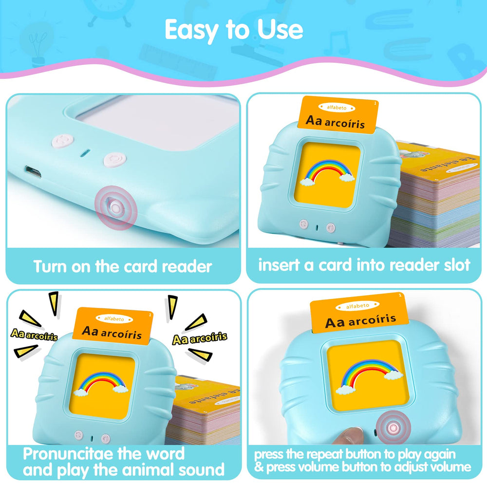 QuTZ card reader pronounces words in English and Spanish for accurate pronunciation.