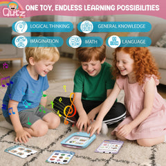 QuTZ kids playing with flash cards in classroom-like setup demonstrates engagement