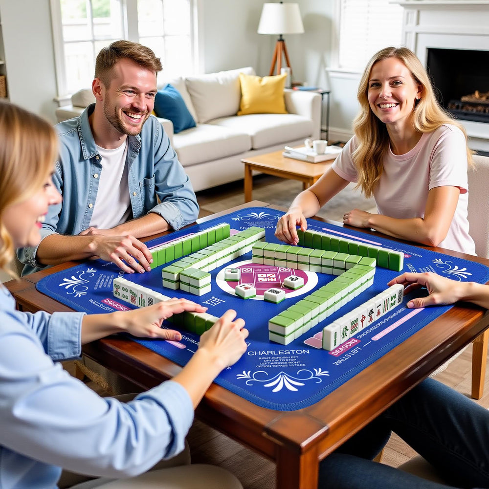 Qwiayeal Mahjong Mat Blue-1 tabletop setup demonstrates quiet, focused play.