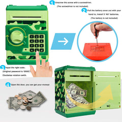 Qwifyu camouflage green piggy bank battery compartment requiring 3 AA batteries
