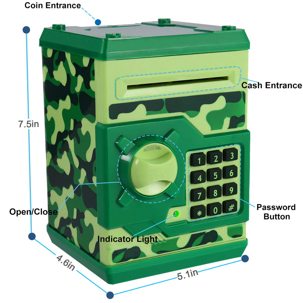 Qwifyu camouflage green piggy bank digital lock close-up highlighting password protection