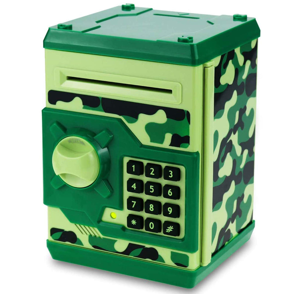 Qwifyu camouflage green piggy bank front view showing kid-friendly design for secure saving