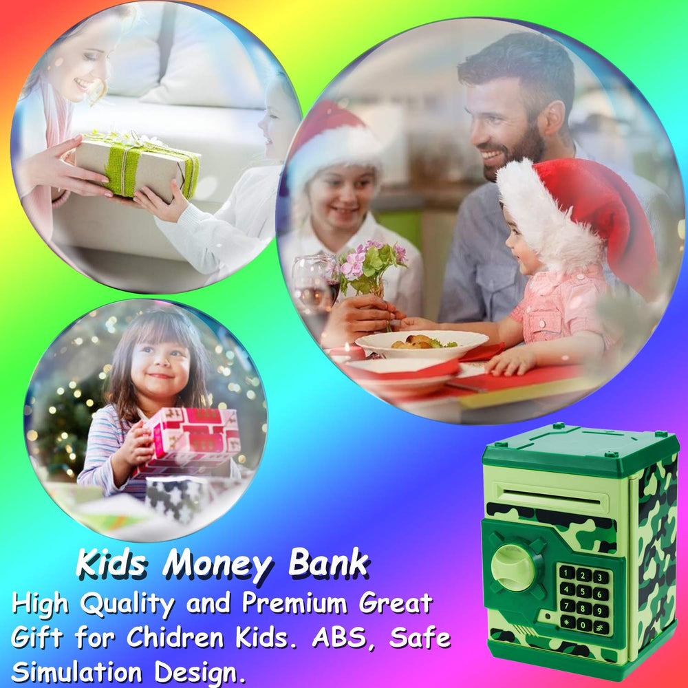 Qwifyu camouflage green piggy bank used by kids at home as a learning tool
