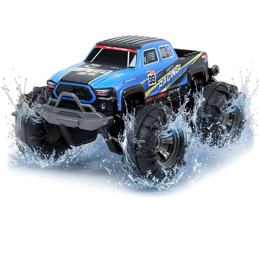 QXHOL waterproof monster truck RC car in rugged outdoor action.