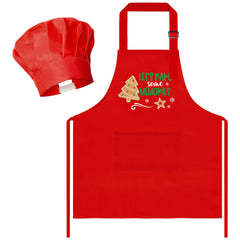 R HORSE Christmas kid apron front view with festive cookware pattern for cooking fun.