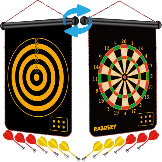 RaboSky magnetic dart board double-sided for varied play and family fun.