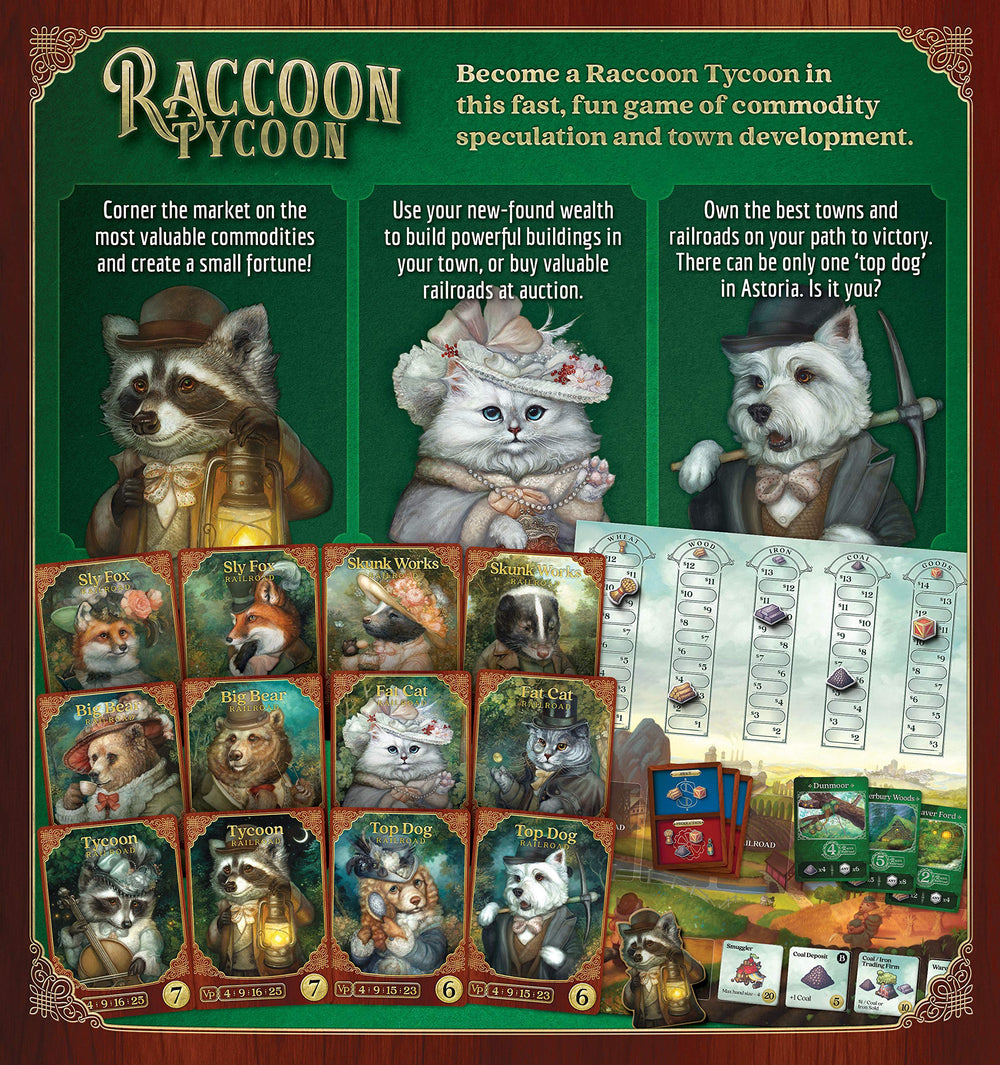 Raccoon Tycoon packaging communicates accessibility for ages eight and up.