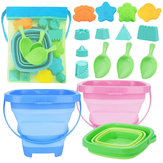 RACPNEL foldable beach buckets trio in action for easy space-saving sand play