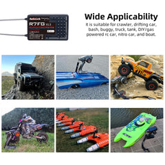 Radiolink R7FG telemetry live data shows battery level and RSSI.
