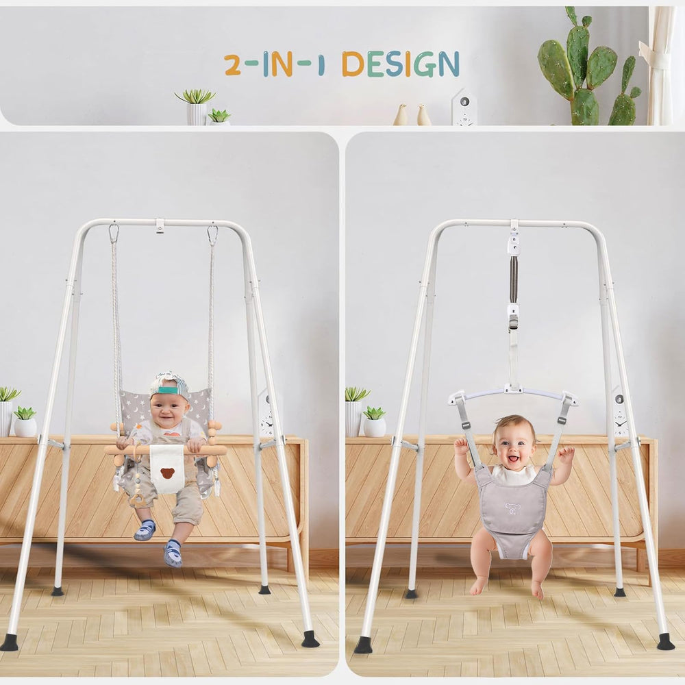 Ragozonery 2-in-1 baby jumper with toddler swing in active use.