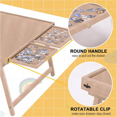 RAGOZONERY puzzle table drawers close-up showing metal clips that keep pieces secure.
