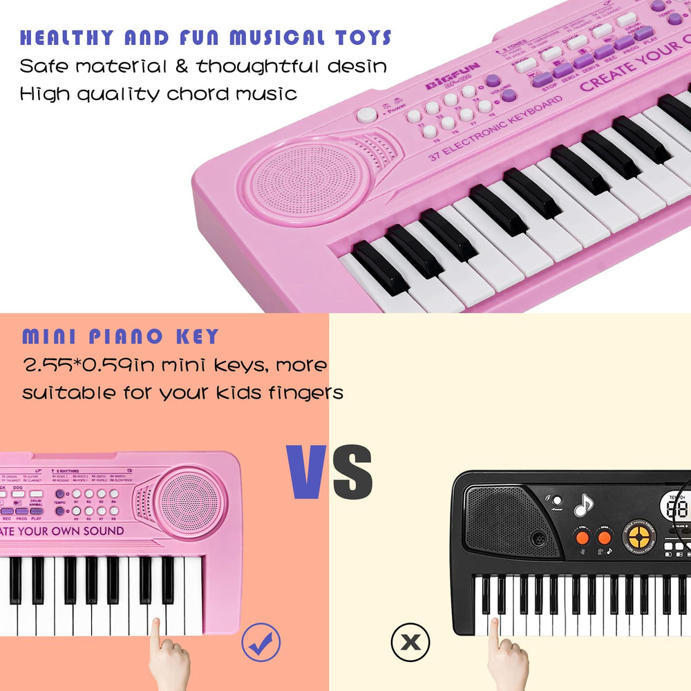 Raimy pink 37-keys piano side view emphasizes compact, child-friendly design
