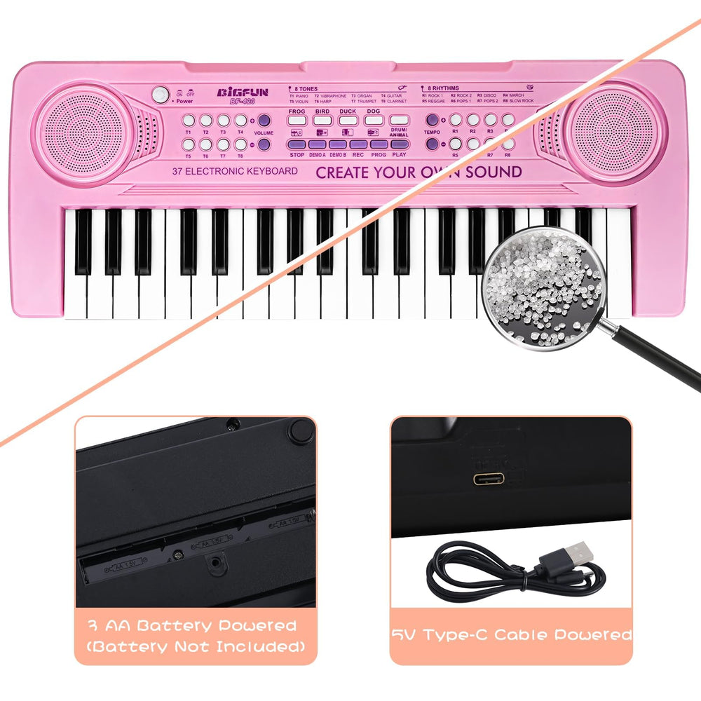 Raimy 37-keys kids piano pink top-down view highlights keys and portability