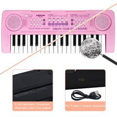 Raimy 37-keys kids piano pink top-down view highlights keys and portability
