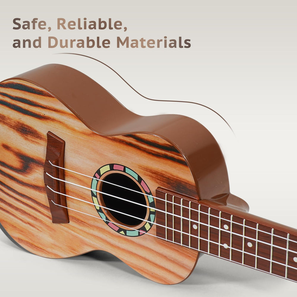 Child playing Raimy 21inch ukulele guitar demonstrates real instrument feel