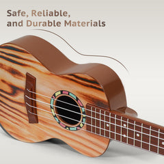Child playing Raimy 21inch ukulele guitar demonstrates real instrument feel