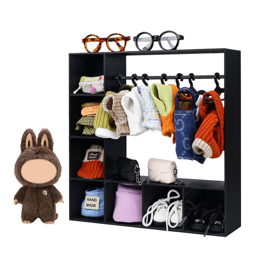 Rain Bunny doll closet with open hangers keeps outfits neatly organized.