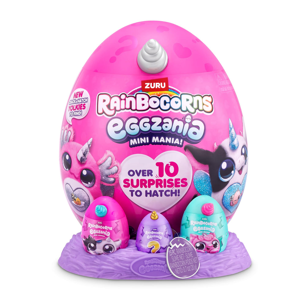Rainbocorns Eggzania egg hatch moment shows soft plush reveal for playtime.