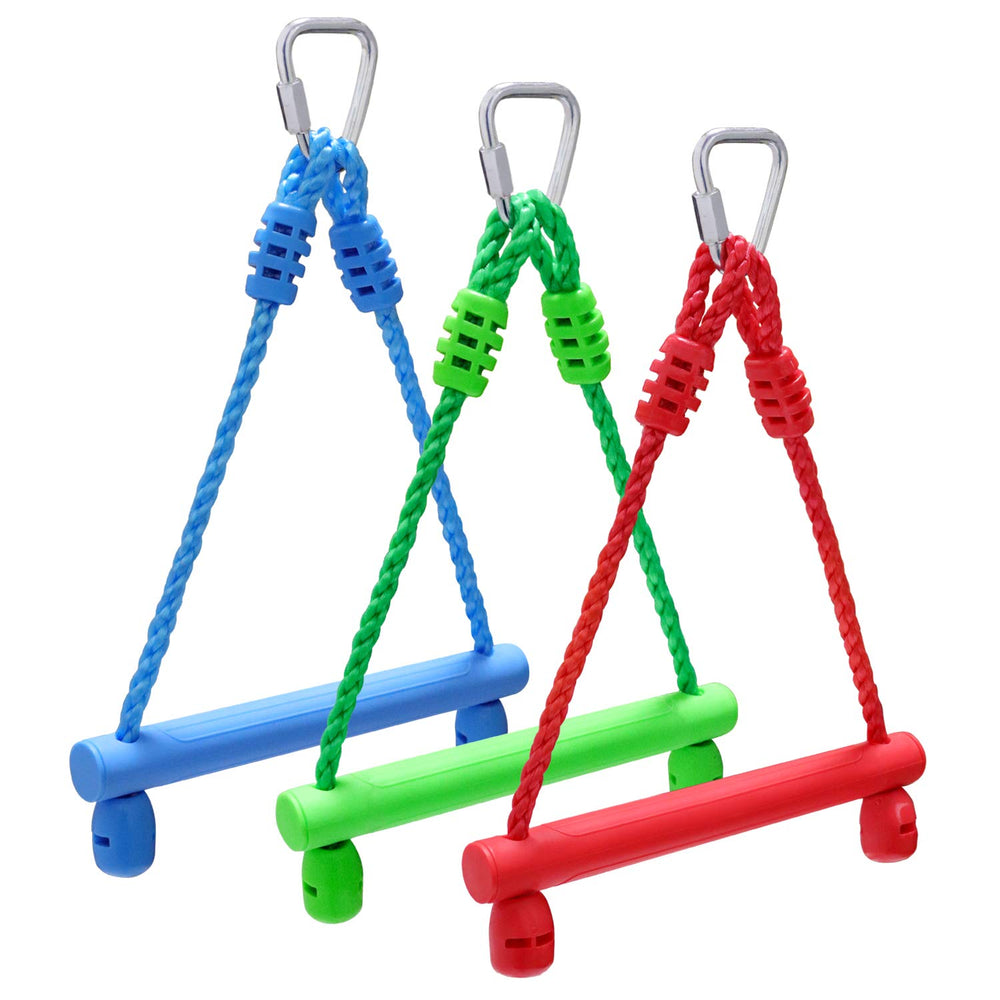 Rainbow Craft blue trapeze bar with carabiners for quick backyard ninja setup.