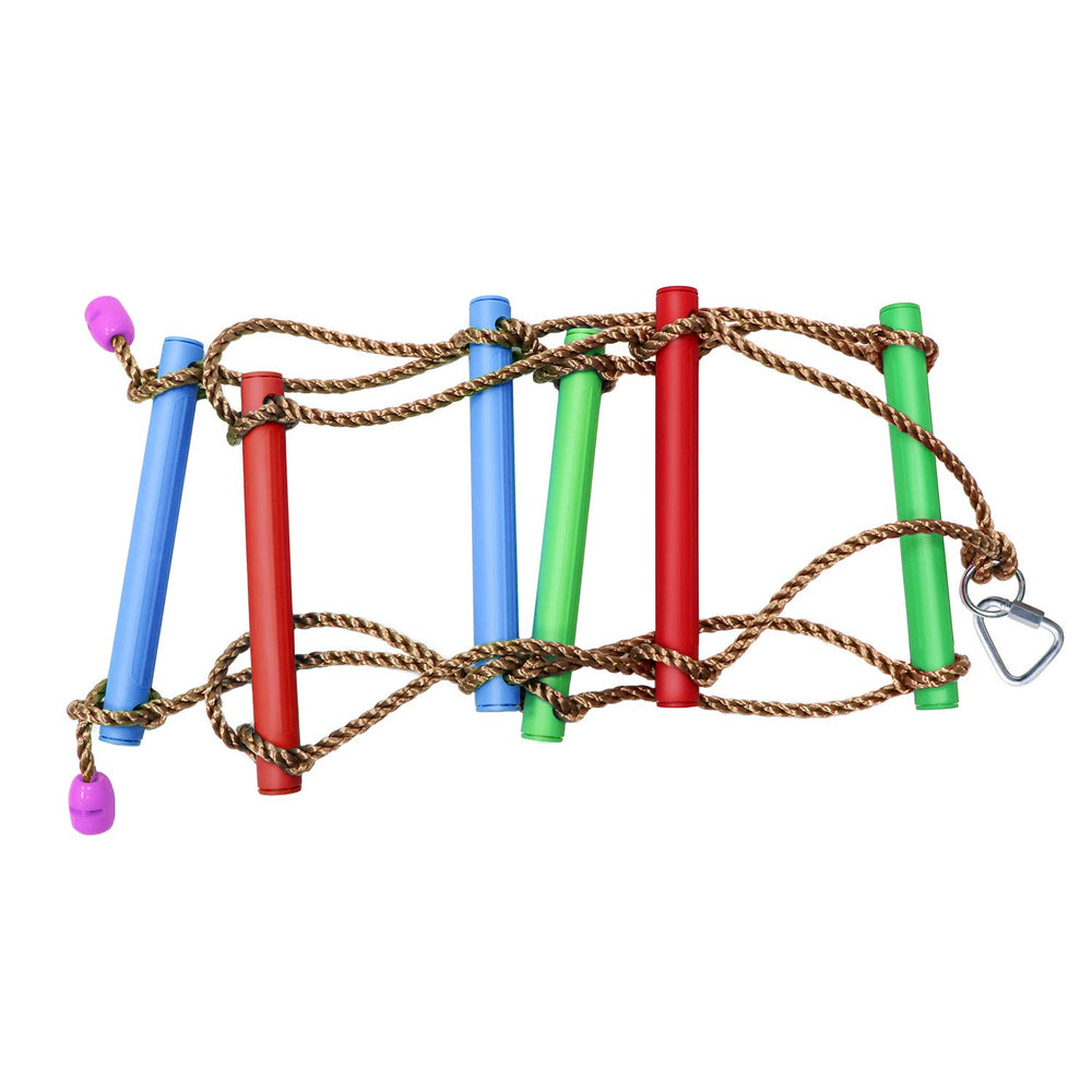 Rainbow Craft kids ninja-warrior ladder ready for quick swing-set attachment.