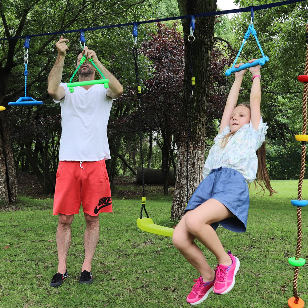 Rainbow Craft ninja obstacle kit set up in a backyard playground.