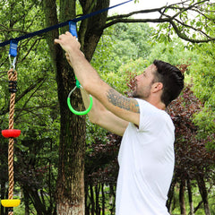 Rainbow Craft rings mounted on a bar for climbing and balance.