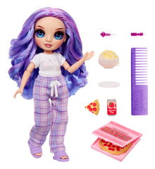 Violet wearing purple pajama set designed for cozy bedtime role play.